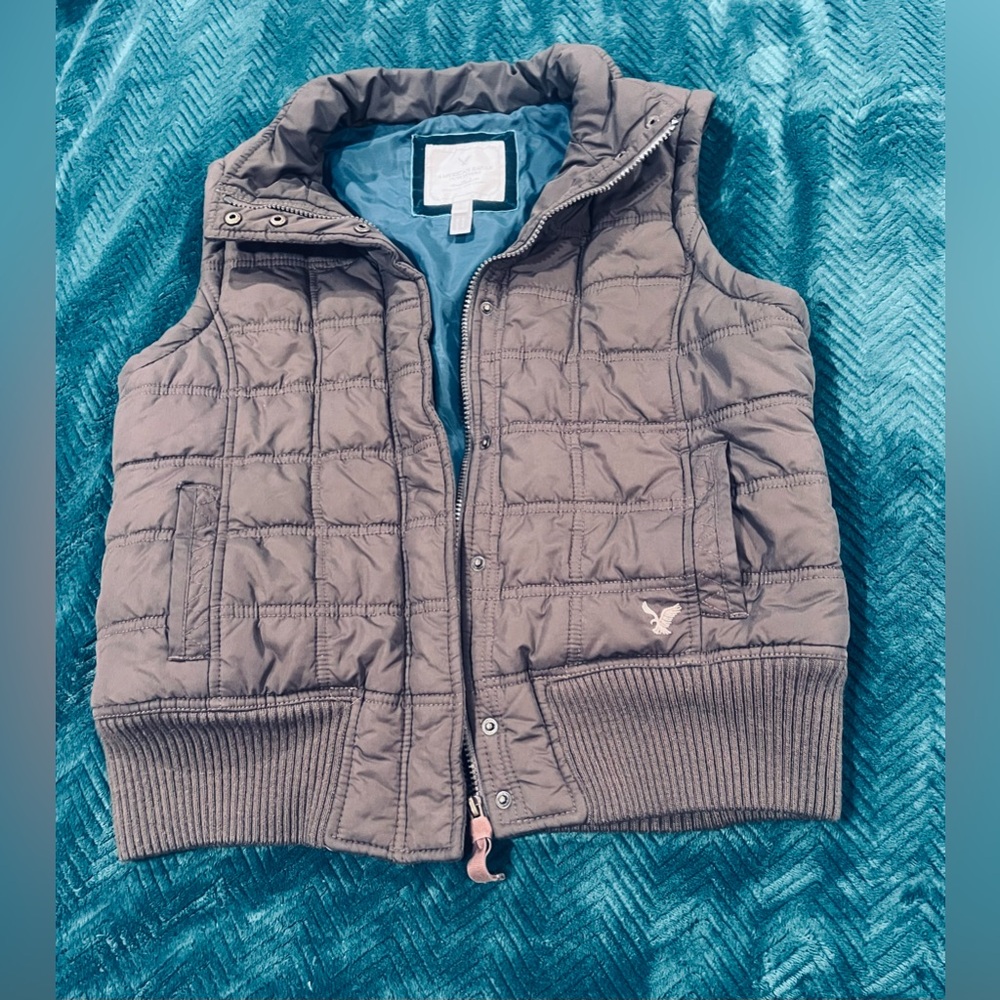 AEO Cottagecore Brown Quilted Puffer Vest Teal Satin Lining Large Cabincore Cozy - Picture 2 of 8